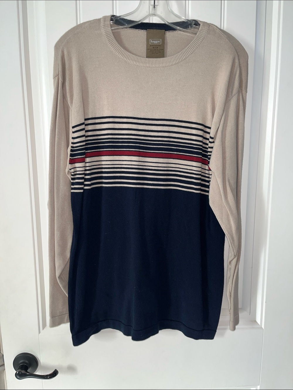 Haggar Beige Navy and Red Striped Long-Sleeve Crew
